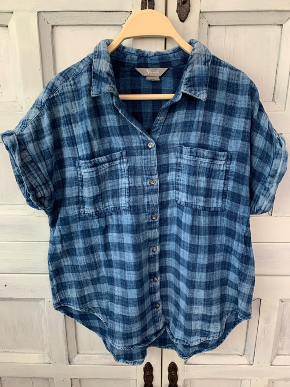 Natural Reflections Blue Plaid Short-Sleeve 100% Cotton Button Shirt Size M